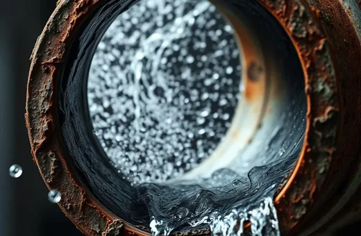 Corroded metal pipe end with water pouring out of it