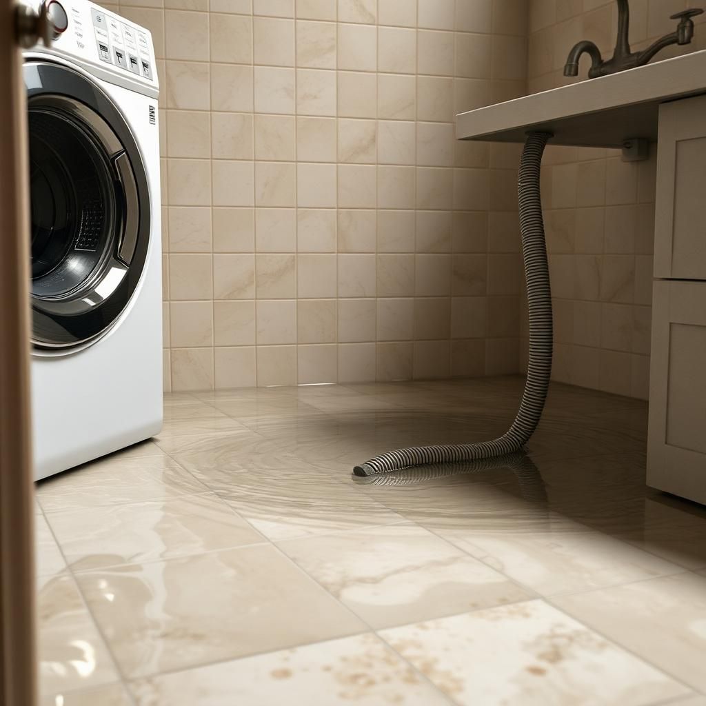 Standing water across a laundry room floor beside a washing machine
