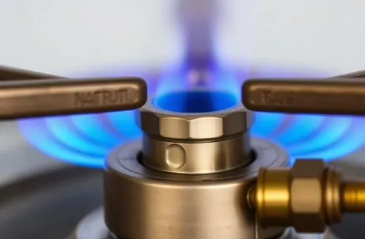 Blue gas flame burning at a brass burner valve