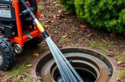 Hydro jetter hose spraying water into an open sewer cleanout in a garden bed