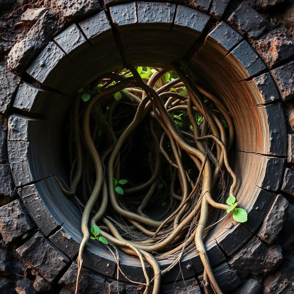 Tree roots grown through the inside of an old sewer pipe