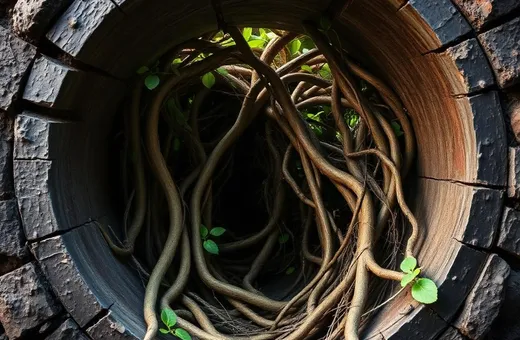Tree roots grown through the inside of an old sewer pipe