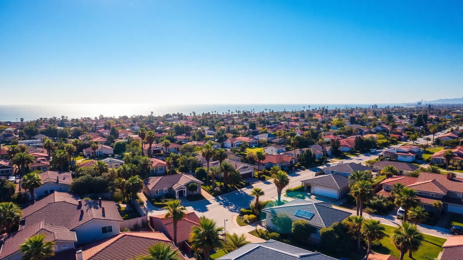 Aerial view of a Southern California neighborhood of tiled roofs and palm trees
