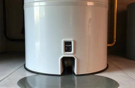 Base of a white tank water heater with a puddle of water on the floor